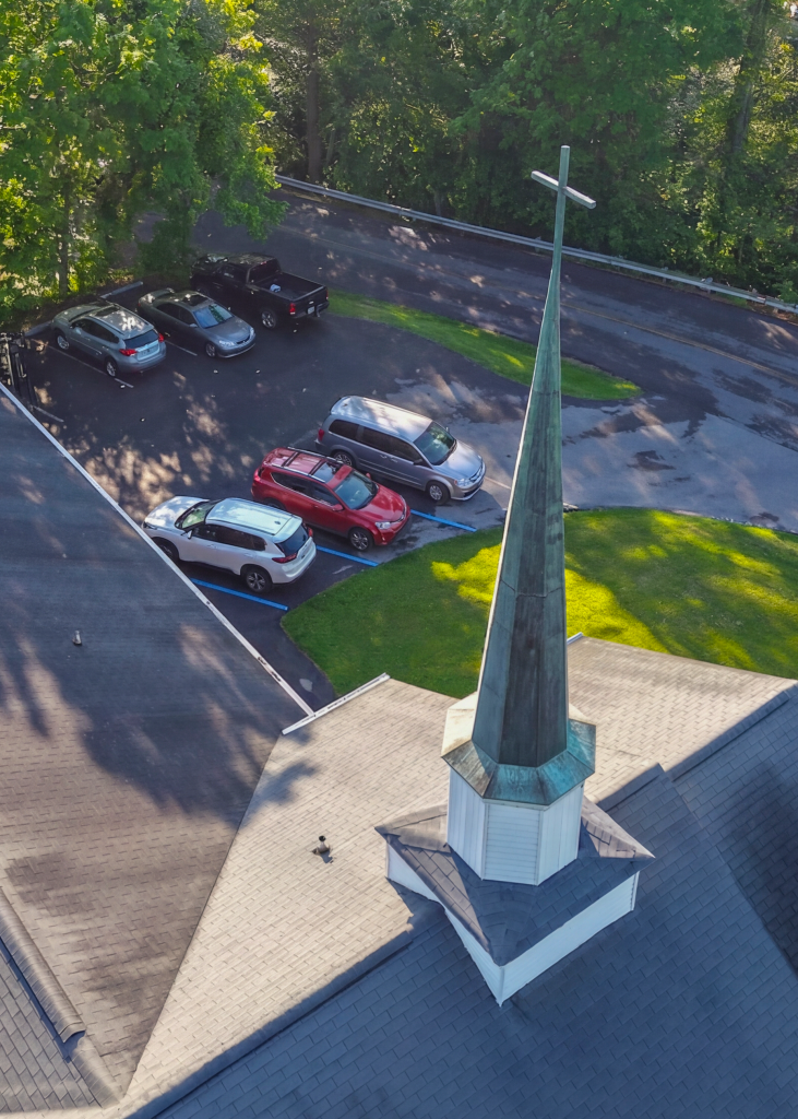 Overhead view of church steeple